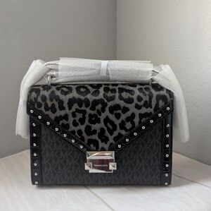 NWT Michael Kors Whitney Med. Signagure Logo & Leopard Print Calf Shoulder Bag